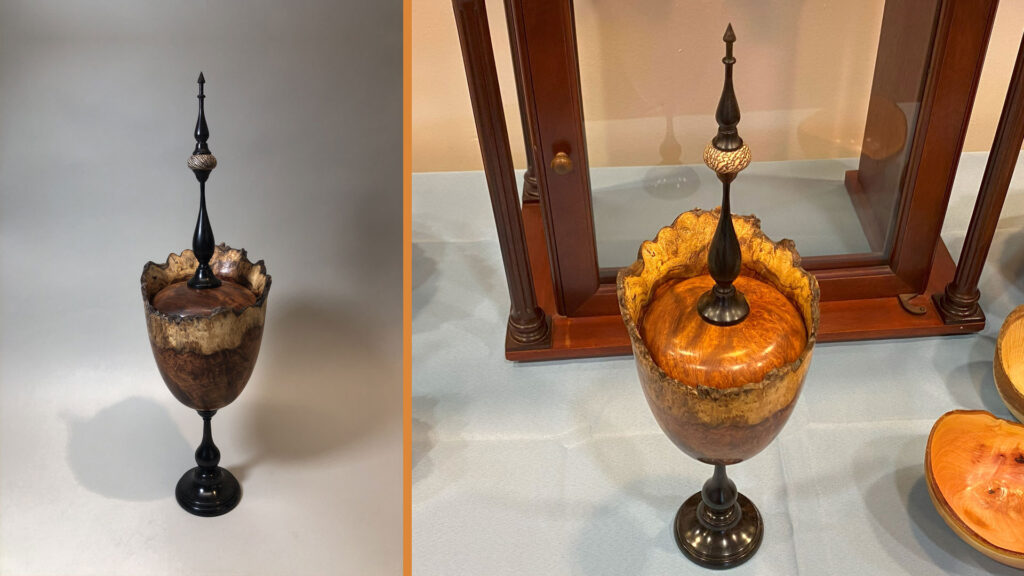 Two pictures of amboyna burl vessel with finial turned by Robert Bley