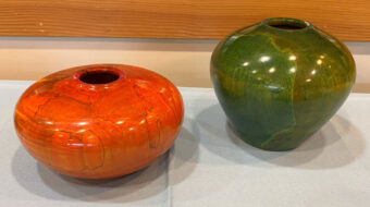 Mark Koenig: two dyed maple bowls: orange and green.