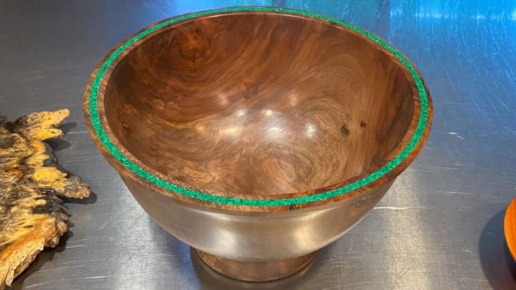 Walnut bowl with stone inlay by Robert Bley