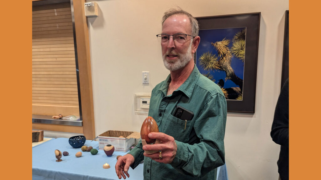 Dean Caudle shows a turned egg-shape box.