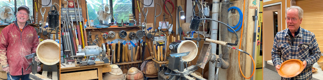 Dennis Lillis at his woodturning shop at his lathe, with a lot of woodturning tools in the background.