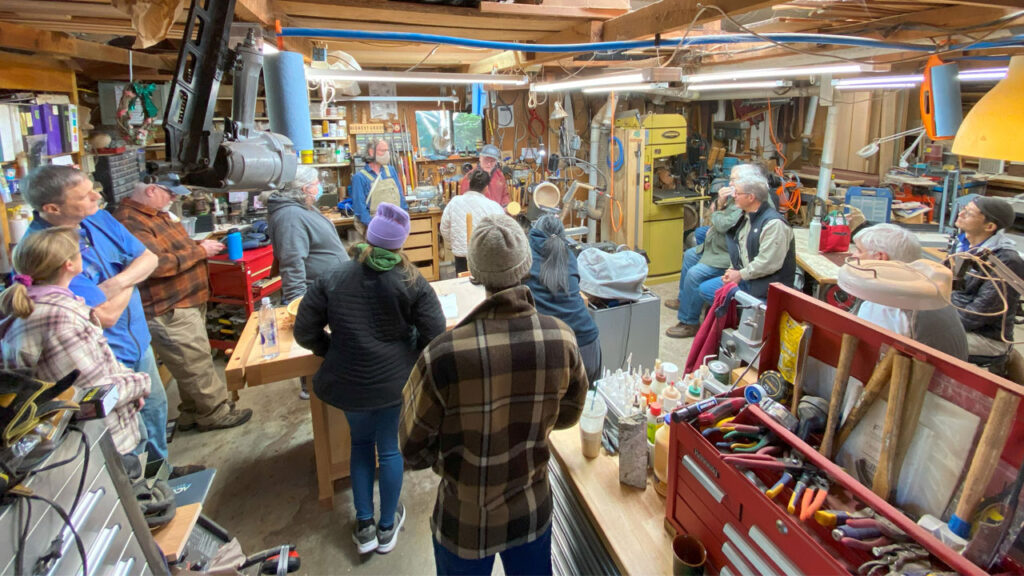 Woodturners from local woodturning clubs gathered at Dennis Lillis's shop for a bowl sanding demonstration.