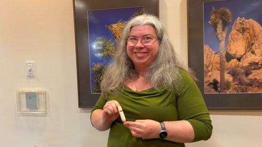 Angela Gunn turned a whistle. The photo is for Woodturners Newsletter.