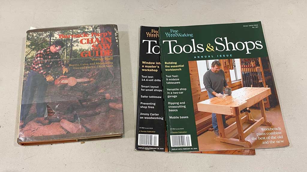 A book: chain saw guide. Two Tools&Shops magazines.