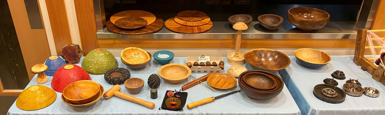 Woodturning projects: bowls, vessels, platters, mushrooms, turned eggs, a wig stand, etc.