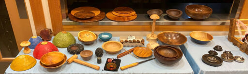 Woodturning projects: bowls, vessels, platters, mushrooms, turned eggs, a wig stand, etc.