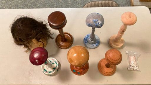 Wig stands by Angela Gunn and other woodturners. The photo was taken for the woodturners newsletter.