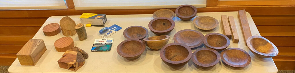 Mostly wooden bowl blanks. Many were donated by Nate Segraves. Visit Nate’s Instagram https://www.instagram.com/segravesworkshop/
