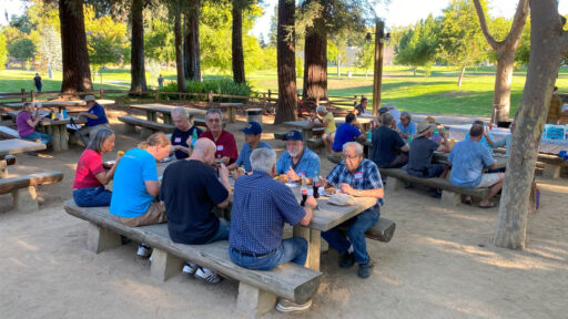 A group of people eating and socializing during a woodturning picnic.