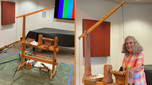 Laura Rhodes with the pole lathe that she built.