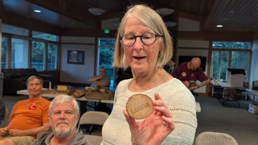 Luana made her name badge from a piece of wood from her backyard.