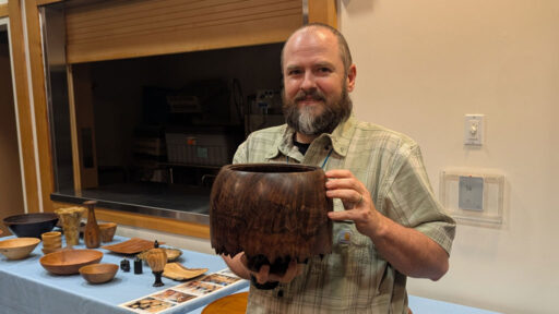Nate turned a huge lidded box from walnut. The box has a natural edge on the bottom.
