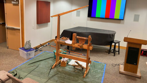 Wooden pole lathe built by Laura Rhodes.