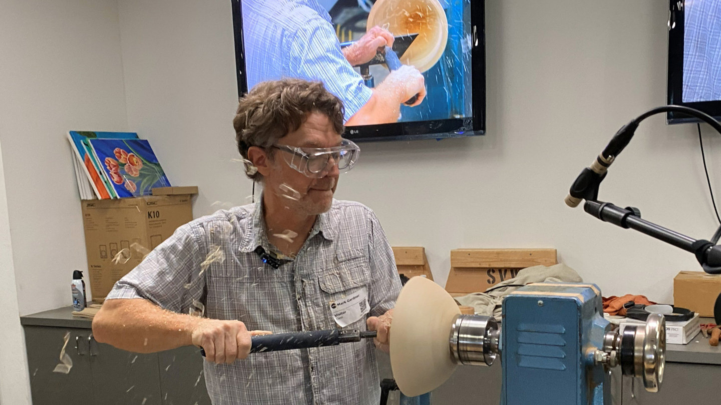 Mark uses a gouge to hollow a bowl.