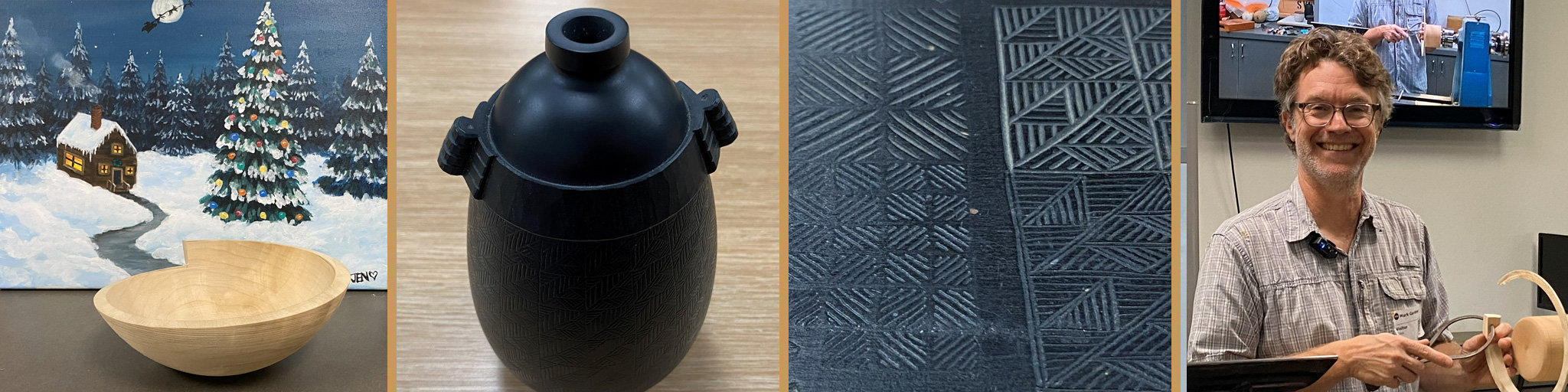 A collage of four photos used in the article about Mark Gardner's woodturning demo.