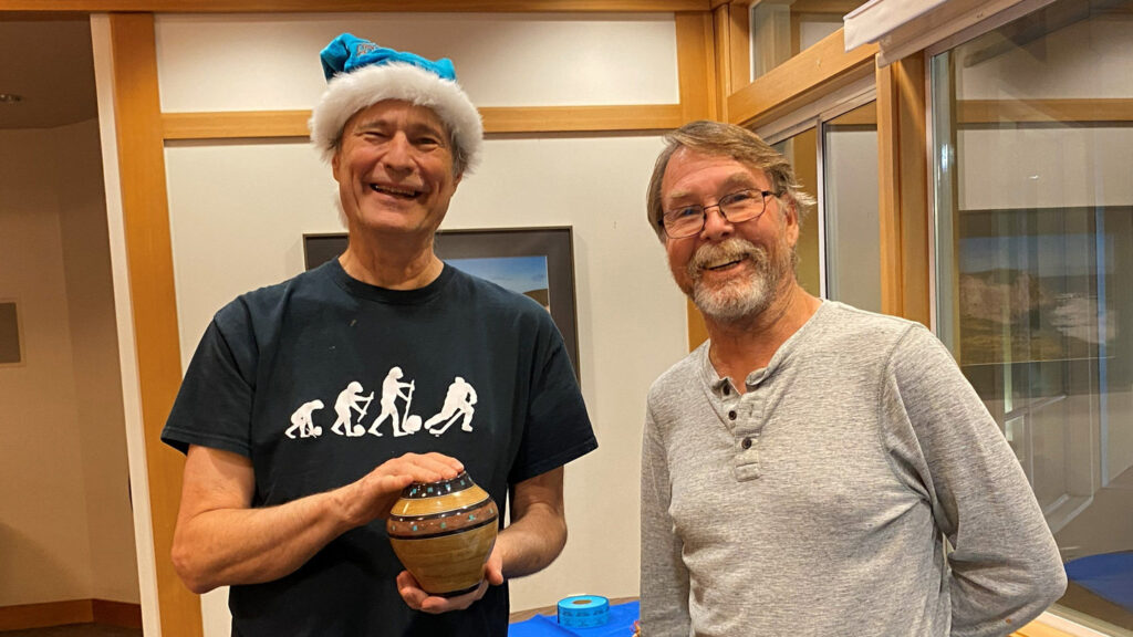 David received a woodturned segmented vase from Gordon