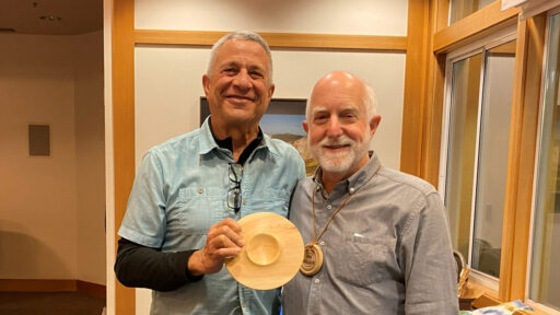 Bob received a turned cedar dish from Vic