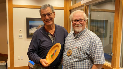 Jon received a turned platter with inlay from Jim