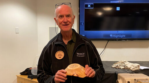 Edgar is showing a bowl he turned from camphor wood.