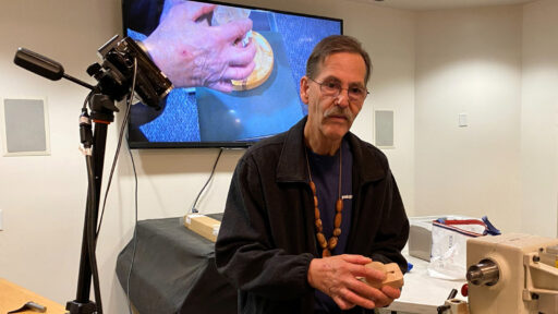 Kelly shows a Dux Chuck for offset turning.