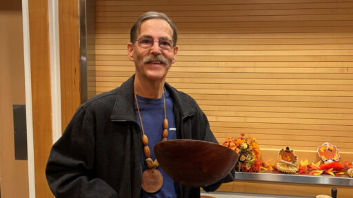 Kelly showed a large bowl he turned from Acacia wood.