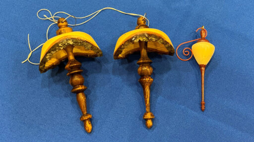 Two turned ornaments with live edges, and one from a Tagua nut.