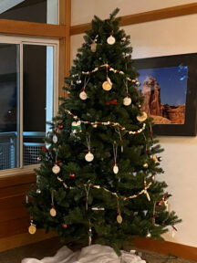 A decorated Christmas tree at Bridges Church in Los Altos