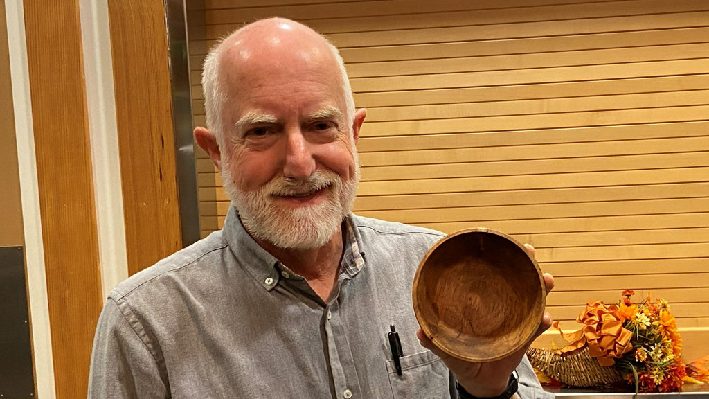 Vic is holding a bowl he turned from Coast Live Oak.