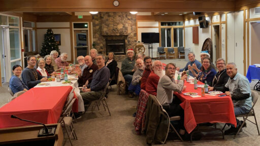 A group photo of woodturners celebrating winter holidays. The picture was taken for the woodterners newsletter.