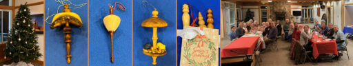 Woodturners Newsletter: a collage of ornaments and a group photo, December 2025