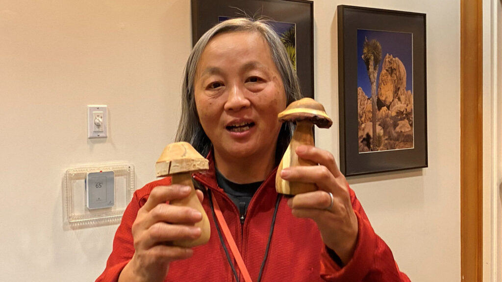 Alison Lee shows two mushrooms that are salt and paper shakers that she turned on her lathe.