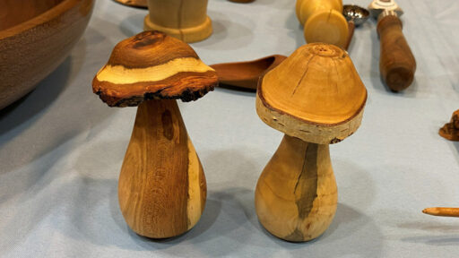 Salt and paper shakers turned to mushroom shape. The items are examples of natural edge turning.
