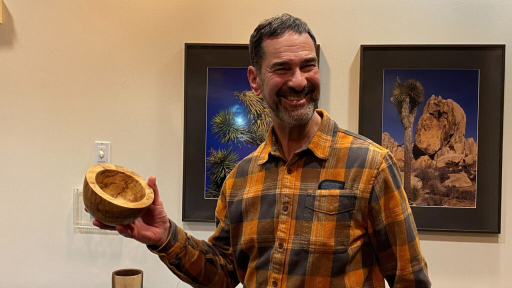 Chip shows a wooden mortar that he turned on a lathe