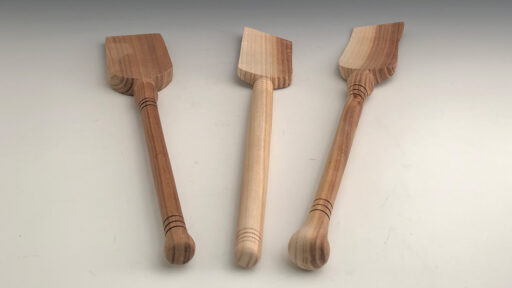 Three wooden spatulas turned on a lathe by David Vannier in January 2026.