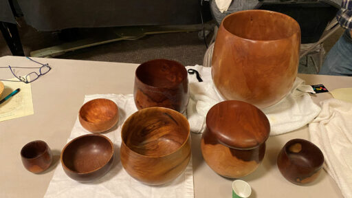 Edgar Whipple turned the top left calabash bowl. The rest were acquired. The picture was taken for the WBW Woodturners Newsletter.