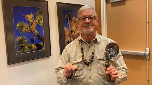 Jerry Galli turned a bottle stopper and a handle for the pizza cutter.