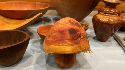 A mushroom with a natural edge turned by Kelly Smith.