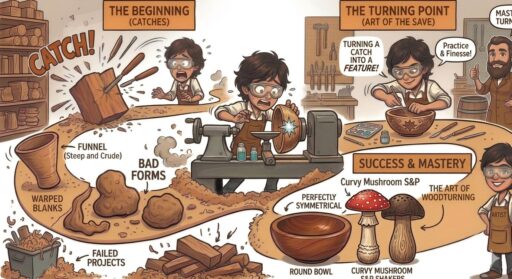 An image shows a "path" for a woodturner, learning to turn wood, practicing turning, and mastering the skill.