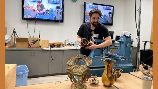 Derek Weidman is explaining how to turn malti-axis items on a lathe.