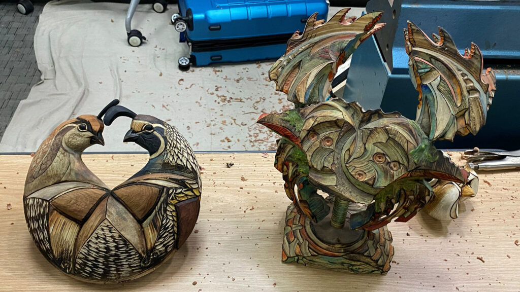 Turned and finished pieces by Derek Weidman: Two birds and a crab. Both projects are woodburned and painted.