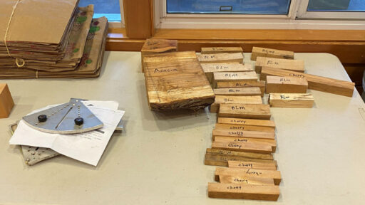 A Cole jaw set and various pieces of wood, mostly pen-blanks.