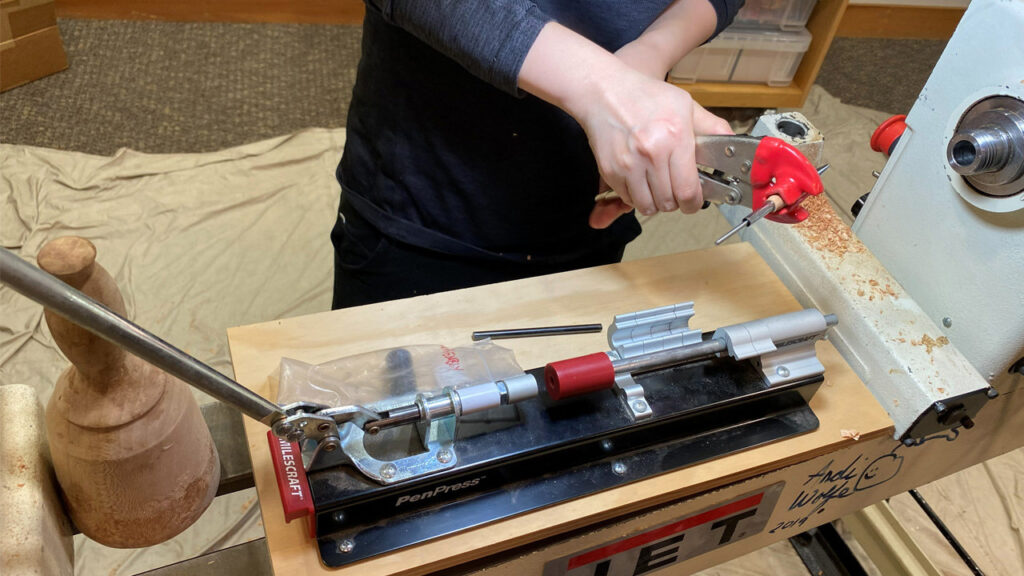 Tina shows how to assemble a pen using a pen press. She also showed how to disassemble a pen using special disassembly punches.