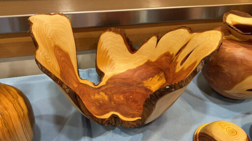 A turned juniper wood vessel by artist Bob Bley, featuring a dramatic natural live edge with rough bark along the rim. The piece showcases a striking contrast in wood grain, transitioning from creamy, pale-yellow sapwood at the edges to deep reddish-brown heartwood in the center. It is displayed on a light blue cloth at the West Bay Woodturners meeting, sitting among other wooden turning projects. The picture was taken for the West Bay Woodturners newsletter.