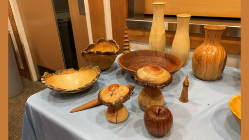 A display of various woodturned items arranged on a table covered with a light blue cloth. The collection features three tall vases of varying heights and wood grains, two large bowls with rustic live edges, a large smooth dark-wood bowl, two mushroom-shaped objects with natural bark tops, a small wooden apple, and a small pointed spindle. The items are showcased at a West Bay Woodturners club meeting. The picture was taken for the West Bay Woodturners newsletter.