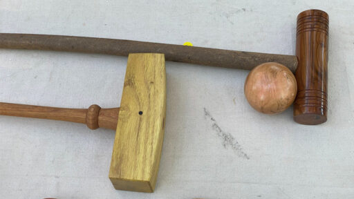 Wooden croquet mallets and a ball were displayed at the Silicon Valley and West Bay Woodturners picnic.