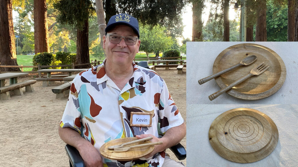 Kevin Lee holds a woodturning project consisting of a wooden plate and utensils. Inset images show close-up views of the finished woodenware.