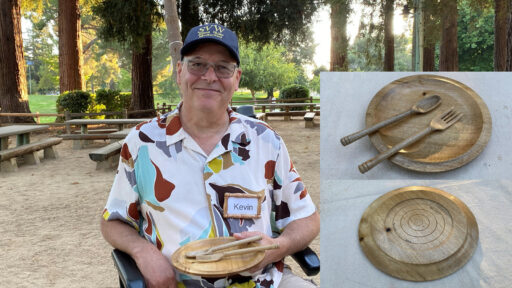 Kevin Lee holds a woodturning project consisting of a wooden plate and utensils. Inset images show close-up views of the finished woodenware.