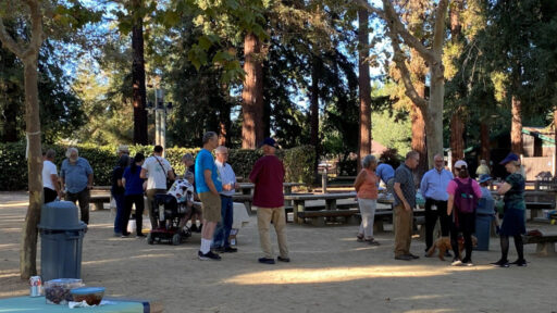 Members of the Silicon Valley Woodturners and West Bay Woodturners clubs socialize in small groups at a sunny outdoor picnic in Cuesta Park.
