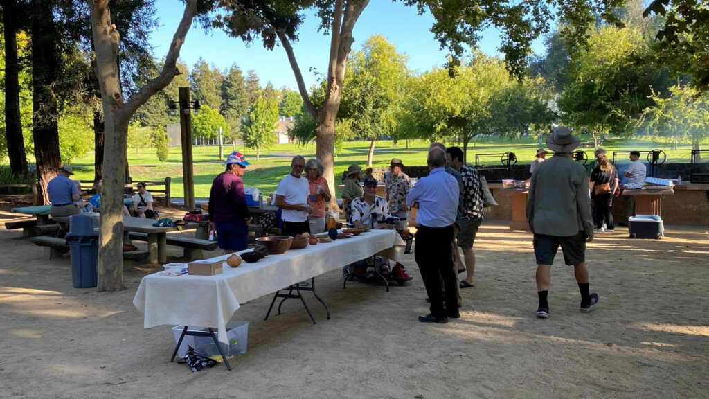 Members of local woodturning clubs gather around a long table draped with a white cloth to view various turned wooden bowls and projects at a sunny outdoor picnic in Cuesta Park.