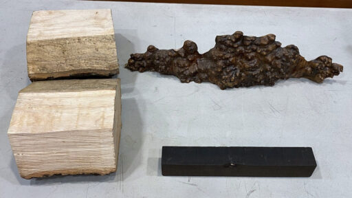 Four raw woodturning blanks, including light timber blocks, a gnarled root burl, and a small black block, are displayed as participation prizes at a West Bay Woodturners meeting.